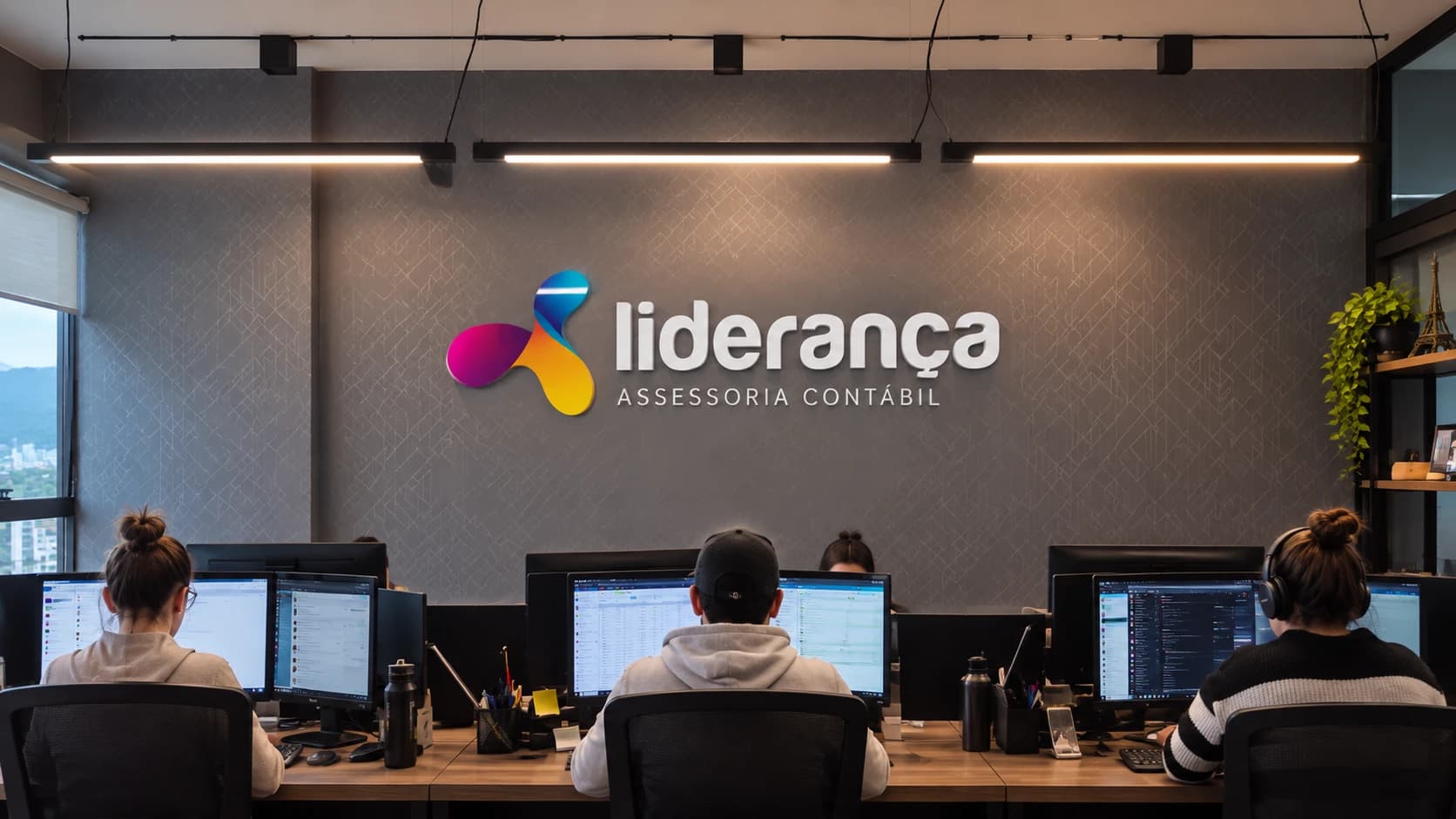 Equipe da Liderança Assessoria Contábil trabalhando no escritório do The Place Office, na Trindade, em Florianópolis